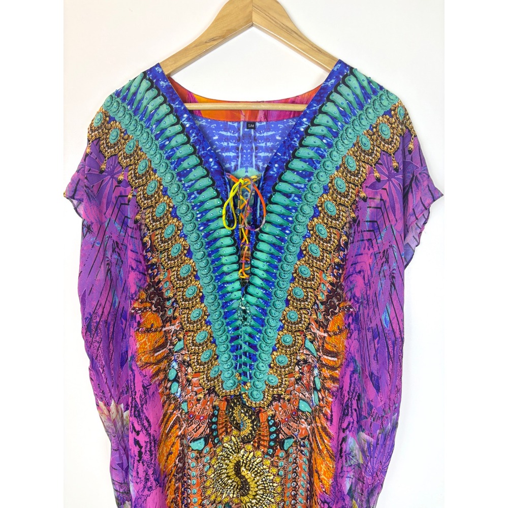 Bohemian Print Kaftan Maxi Dress Purple Yellow Lace Up V-Neck Size S/M - Picture 7 of 12